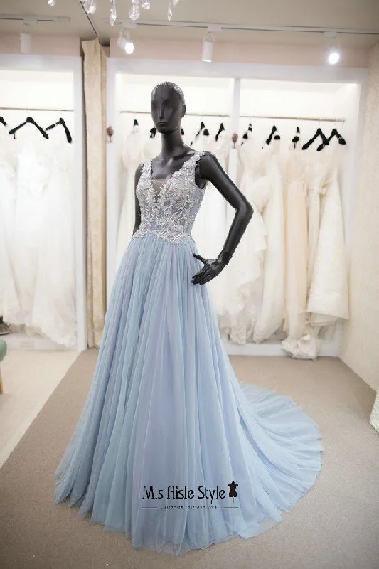 Women's Formal Clothes Limited Stock, Big Sale V-neckline Light Blue Wedding Dress