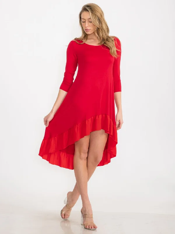 Women's Transitional Apparel Limited Stock, Big Sale WOMEN'S 3/4 SLEEVE TUNIC RUFFLE BOTTOM HEM HIGH LOW MIDI DRESS