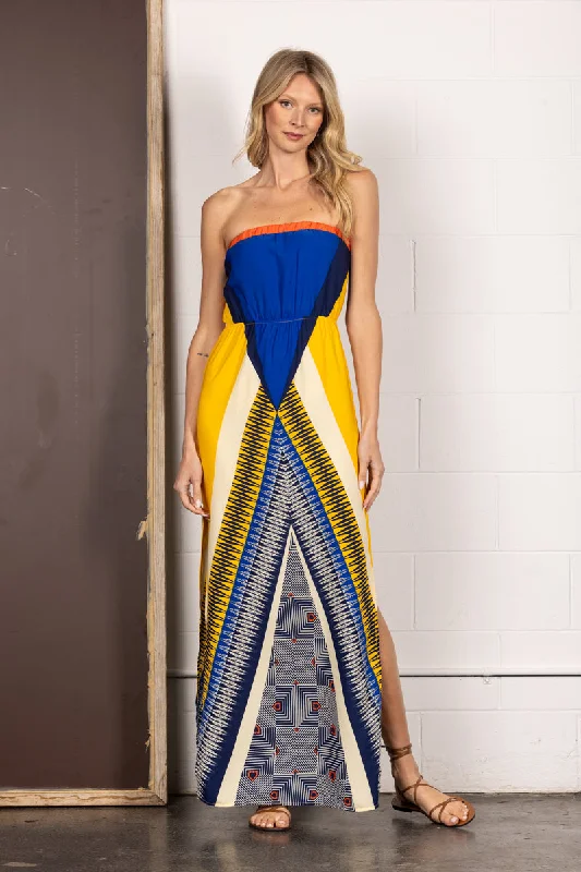 Women's Holiday Clothing Limited Edition YELLOW BANDEAU CHEVRON PRINT SIDES SLIT MAXI DRESS D1576