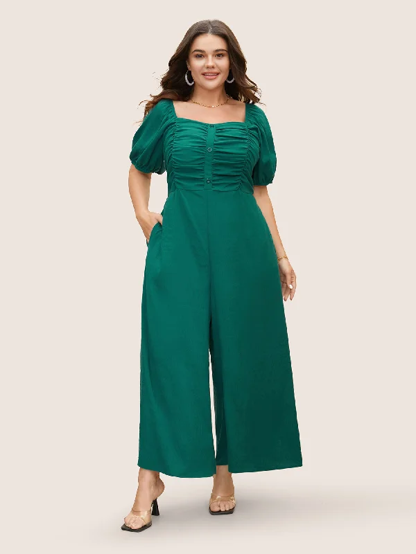 Women's Cozy Winter Attire Absurdly Cheap Sale Heart Neckline Lantern Sleeve Ruched Jumpsuit