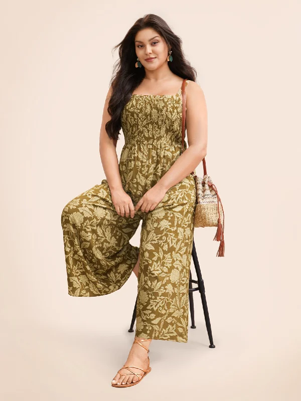 Women's Activewear Garments Fashion Frontiers Vintage Flower Shirred Frill Trim Jumpsuit