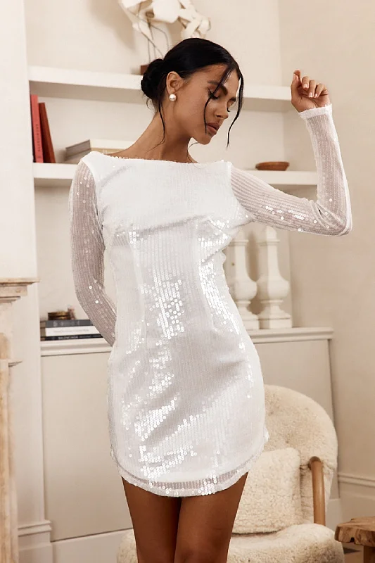 Affordable Women's Apparel Special Offer Karma Long Sleeve Keyhole Back Sequin Dress White