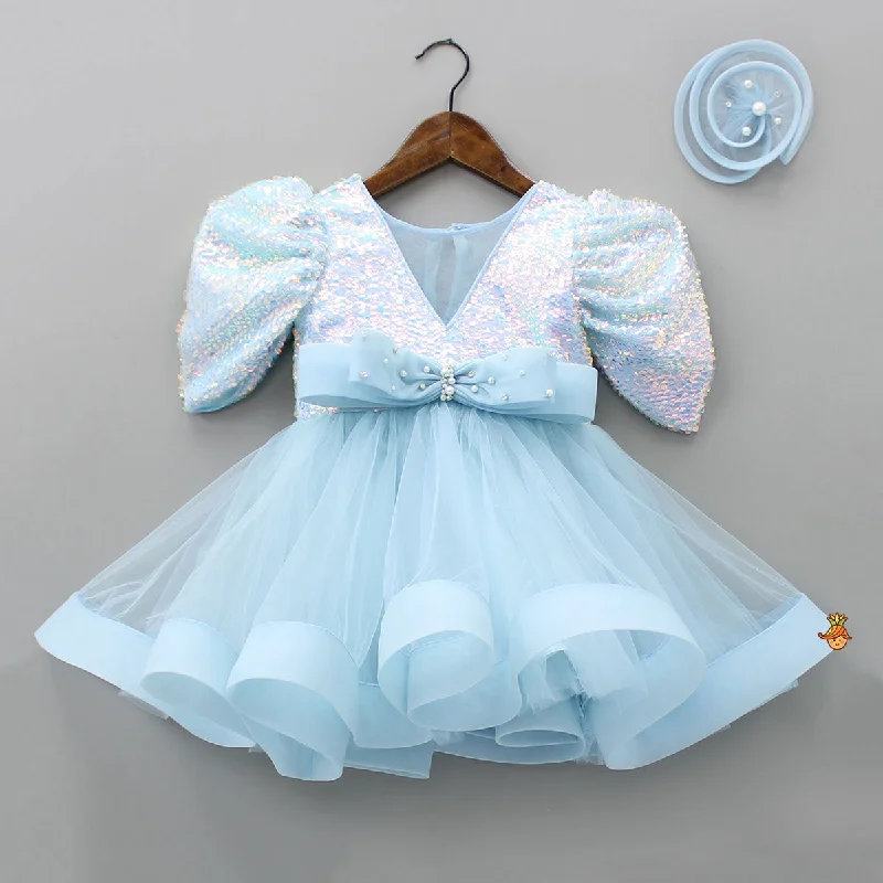 Women's Trendy Outfit Crazy Discounts, Hurry Up Sequins Beautified Flared Blue Dress With Swirled Hair Clip