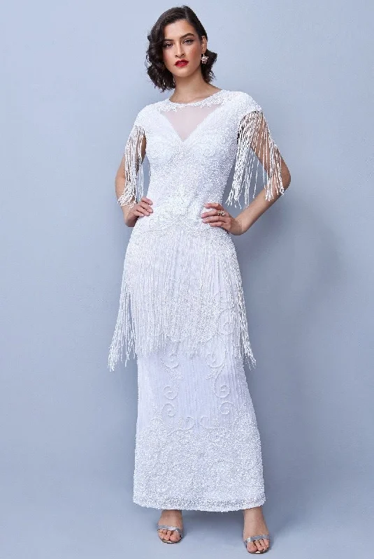 Women's Casual Garments High-End Style Discounts Ethel 1920s Evening Maxi Fringe Gown in White