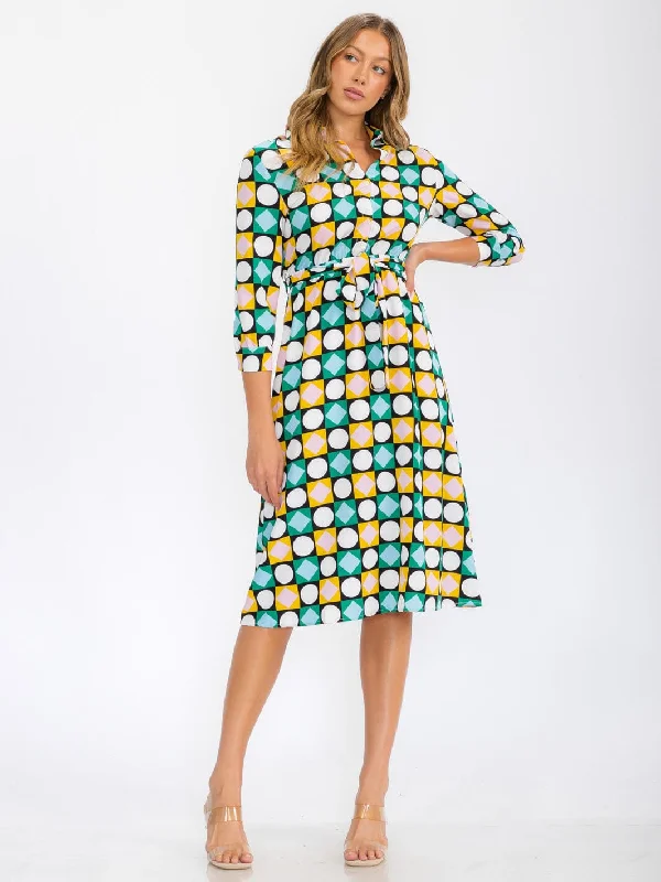 Formal Outfit For Women Bold Fashion Sales WOMEN'S 3/4 SLEEVES BUTTON UP MULTI PRINT MIDI DRESS