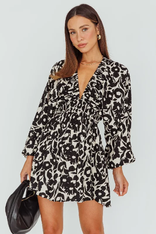 Women's Fashionable Attire For Work Day-To-Night Styles Going Your Way Long Sleeve Mini Dress Floral Black