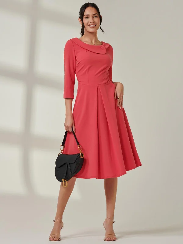 Women's Plus-Size Clothes Summer Fashion Fold Neckline Sleeved Midi Dress, Watermelon