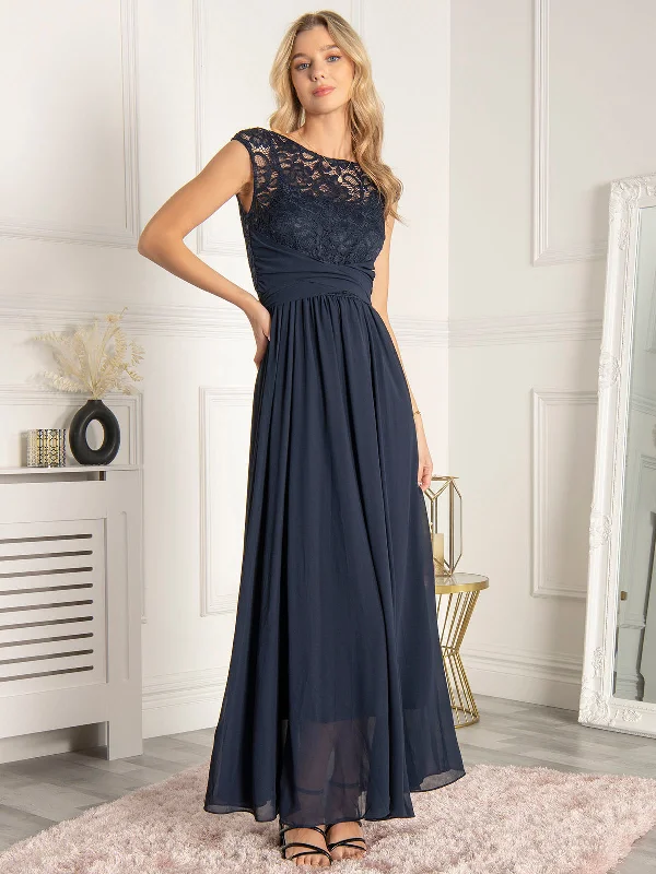 Elegant Clothing For Women Sale Event, Prices Rock Lace Bodice Chiffon Maxi Bridesmaid Dress, Navy