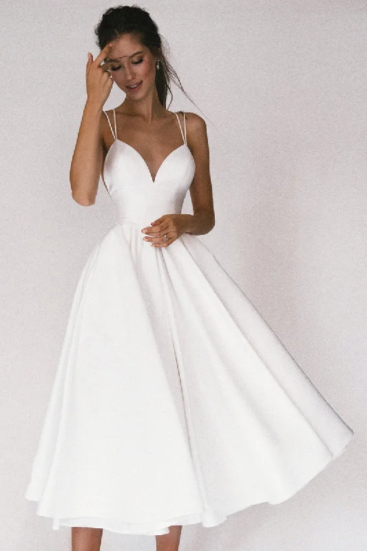 Women's Romantic Outfit Statement Fashion Offers Aisle Soft White Satin Midi Dress