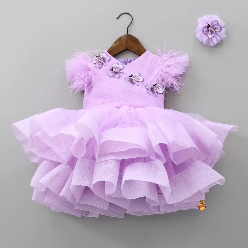 Women's Clothing And Garments Sets Trendy Looks On Sale Lovely Butterfly Purple Net Ruffled Dress With Matching Hair Clip