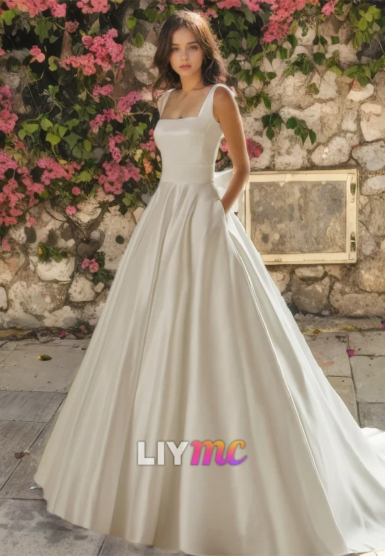 Fashion-Forward Women's Clothing Contemporary Fashion Sale Square Sleeveless Pleated A-Line Wedding Dress