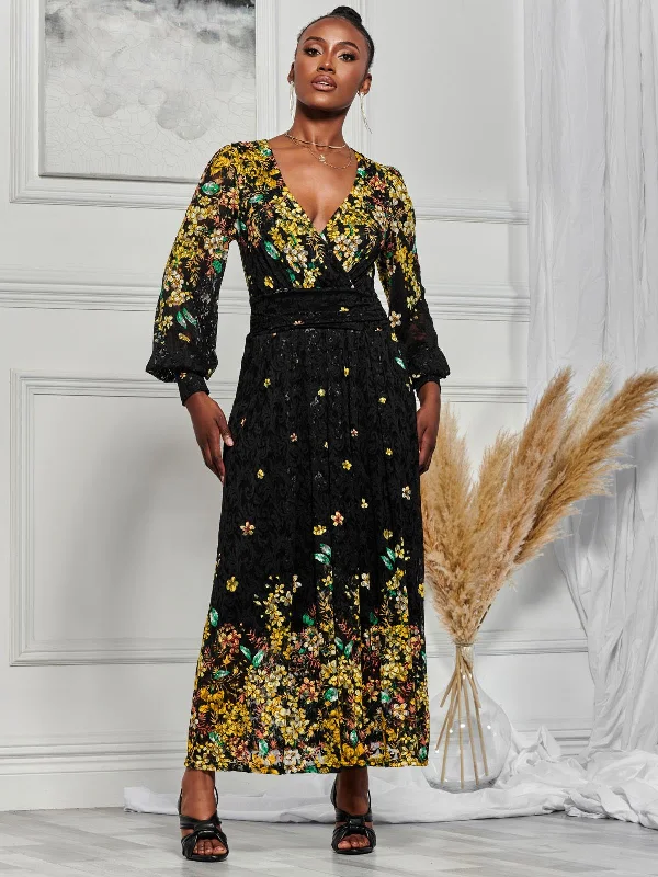 Vintage-Inspired Garments Unleash Your Trendy Side Amica Symmetrical Print Lace Maxi Dress, Yellow Floral