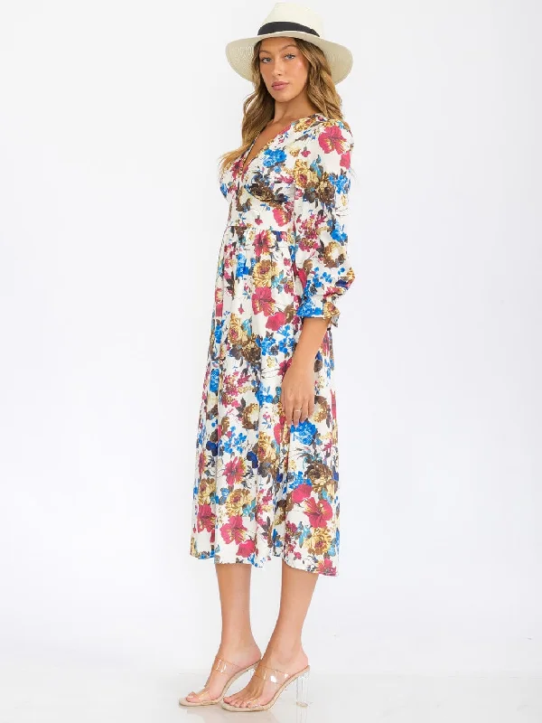 Women's Urban Clothing Modish Fashion Discounts WOMEN'S 3/4 SLEEVES V-NECK ELASTIC WAIST FLORAL PRINT MIDI DRESS