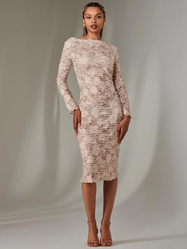 Women's Cozy Clothes Ride The Style Wave Long Sleeve Textured Midi Dress, Beige Abstract