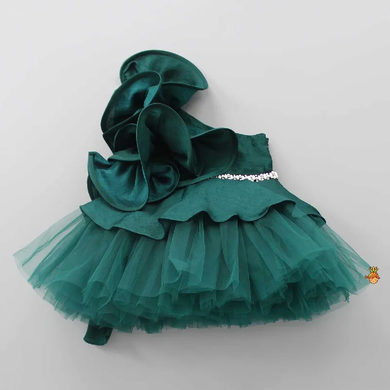 Stylish Women's Garments Fashion Sale Charming Green Ruffled One Shoulder Dress