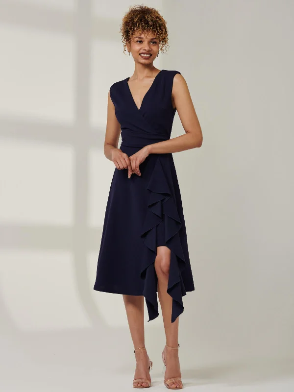 Women's Resort Attire Daily Deals Qiana Ruffle Detail Midi Dress, Navy