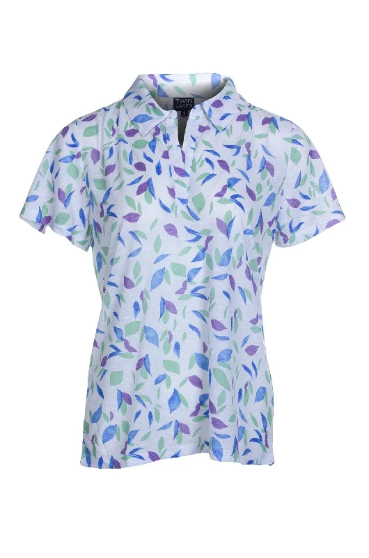 Limited Time Special Offer Printed Poly Slub Top with collar | Lilac Sky Leaves | 6744A1