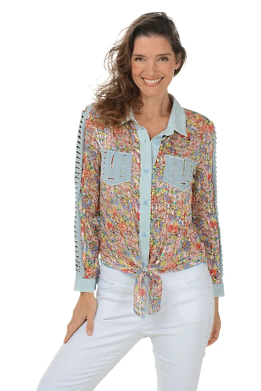 Chic And Edgy Glitter Striped Floral Slashed Shirt