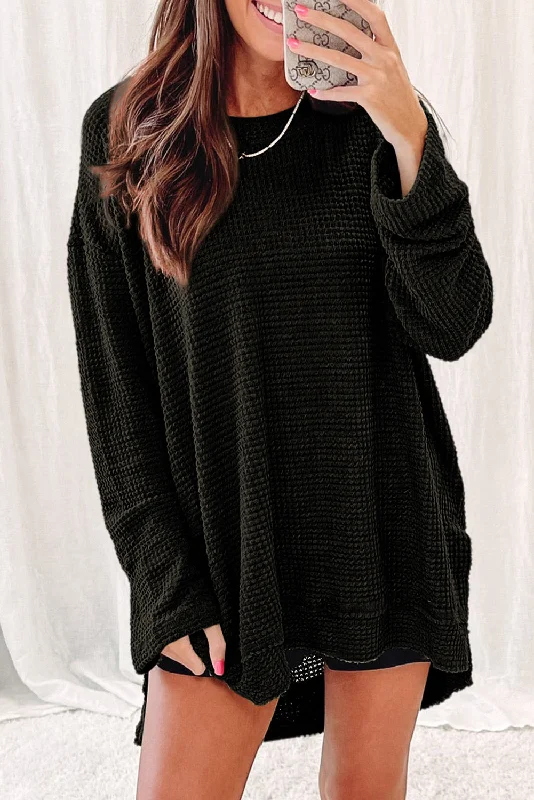 Browse Our Top Products Khaki Waffle Knit High Slits Oversized Top