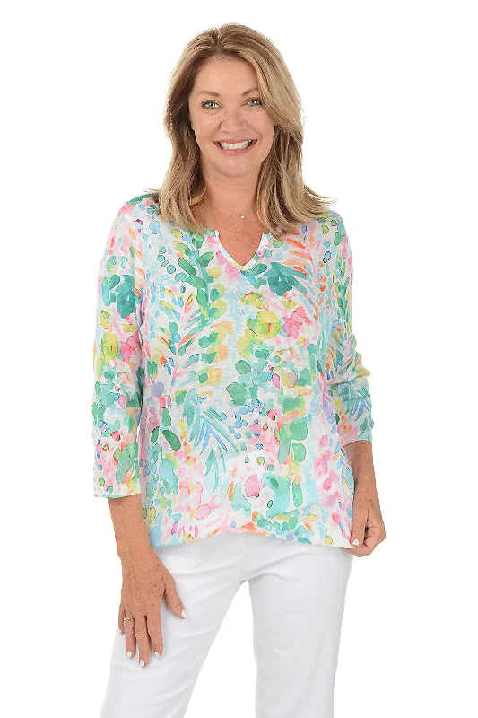 Hot Deals Pastel Garden Henley Asymmetrical Hem Top