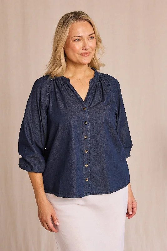 Elegant Fashion Offers Kitty Chambray Top in Dark Wash