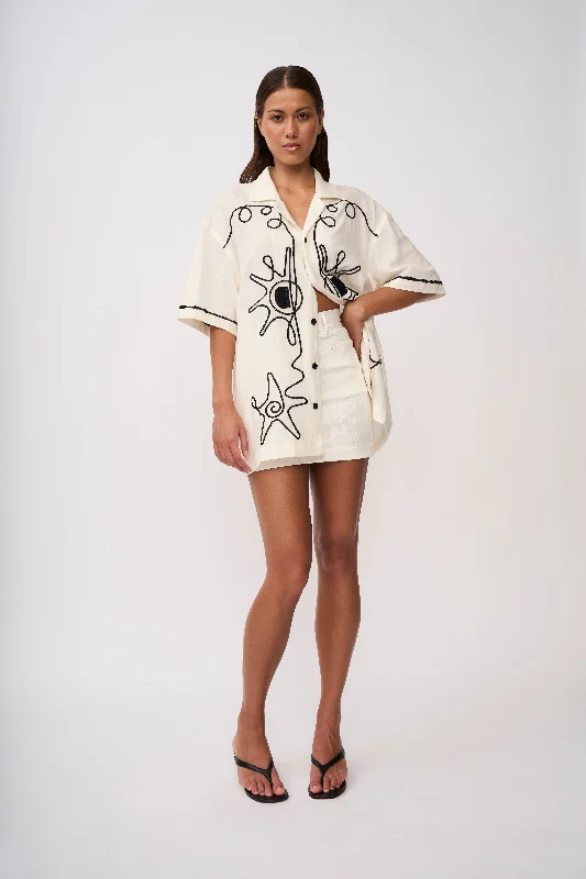 Unleash Your Trendy Side Star Sun Embroidery Shirt - Ivory