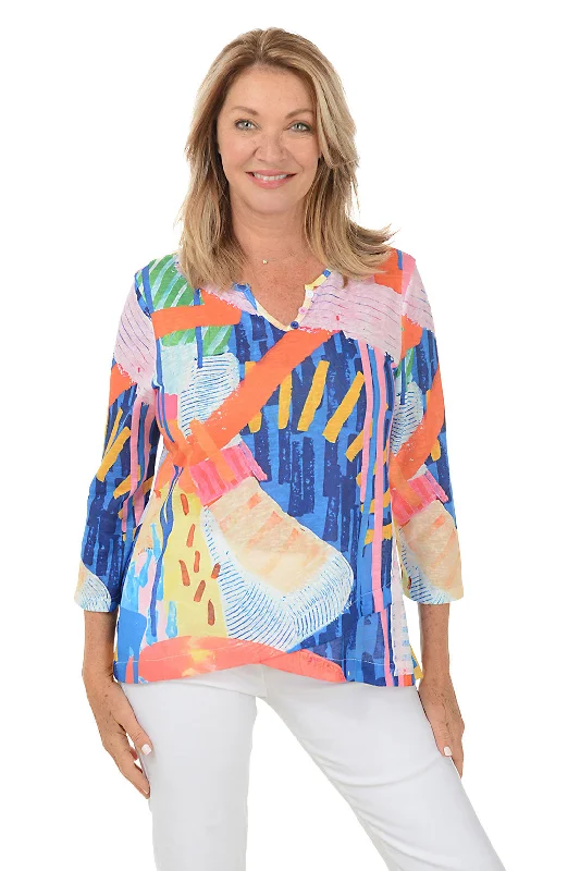 Buy More, Save More Abstract Rays Henley Asymmetrical Hem Top