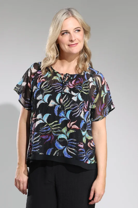 Limited Time Offers Mini pleat unlined Chiffon Top | Black Multi Petal | 8573A1