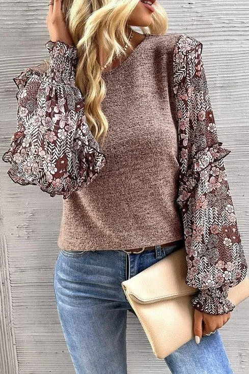 Elegant Style Talk It Over Chestnut Floral Sleeve Top - FINAL SALE