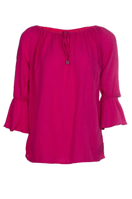 Sophisticated Street Style Offers Frill cuff Soft Drape Top | FUCHSIA | 4612A1