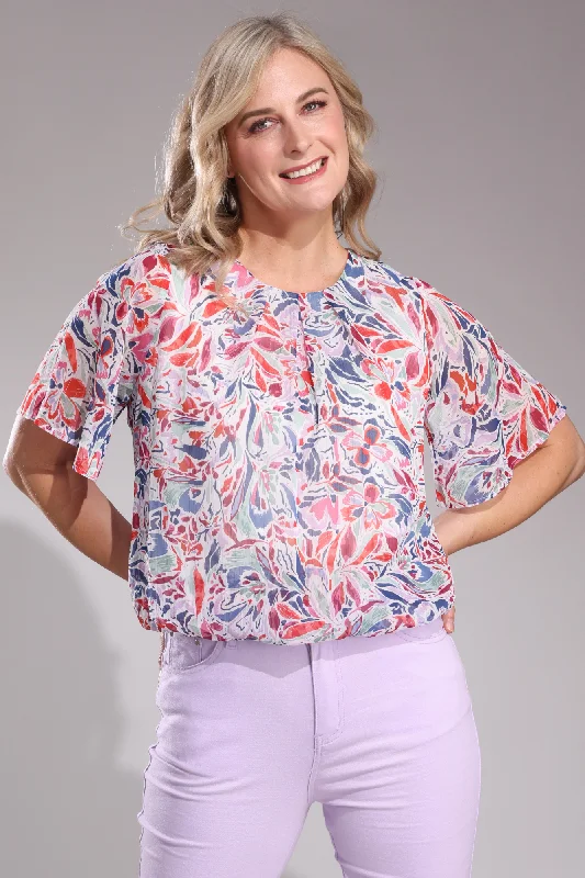 Modern Fashion Sale Printed Chiffon Top | Indigo Lilac Leaf | 8553A1