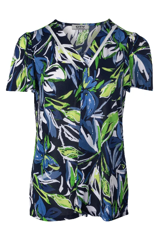 Urban Elegance Deals Printed Slinky Top with | Navy Grn Garden Puff | 7405A1