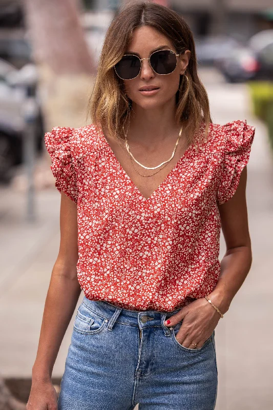 Chic & Modern Sales Floral Rust Ruffle Sleeve V-Neck Top