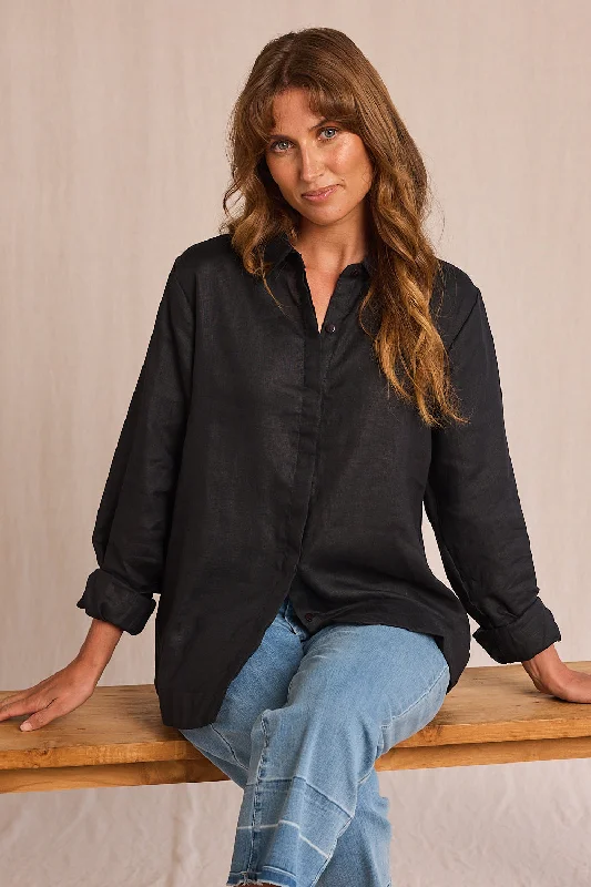 Budget-Friendly Fashion Oversized Linen Boyfriend Shirt in Black