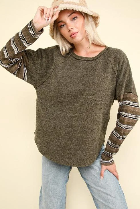 Embrace New Fashion Olive Striped Sleeve Top - FINAL SALE