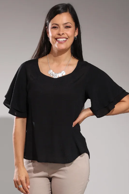 Huge Markdowns Double flutter sleeve Top | Black | 8822A1