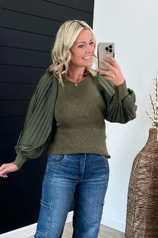 Fashion-Forward Olive Pleated Sleeve Top