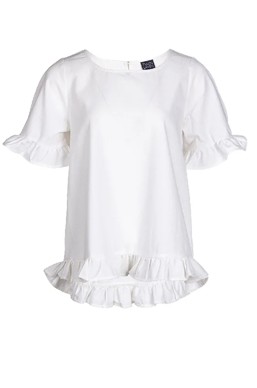 Stylish Deals Cotton Linen Blend Top with ruffles | WHITE | 6775A1