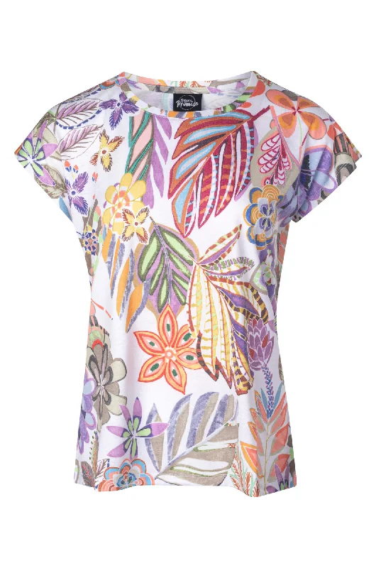 High-End Style Discounts Printed Top with cap sleeve | Natural Multi Palms | 7201A1