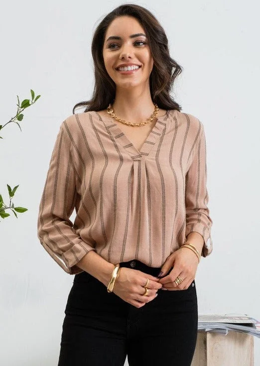 Holiday Attire Sale Mocha & Black Button Back Top