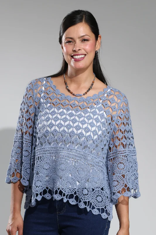 Hot Sale Cotton Crochet 3/4 sleeve Top | DUSKY BLUE | 6222A1