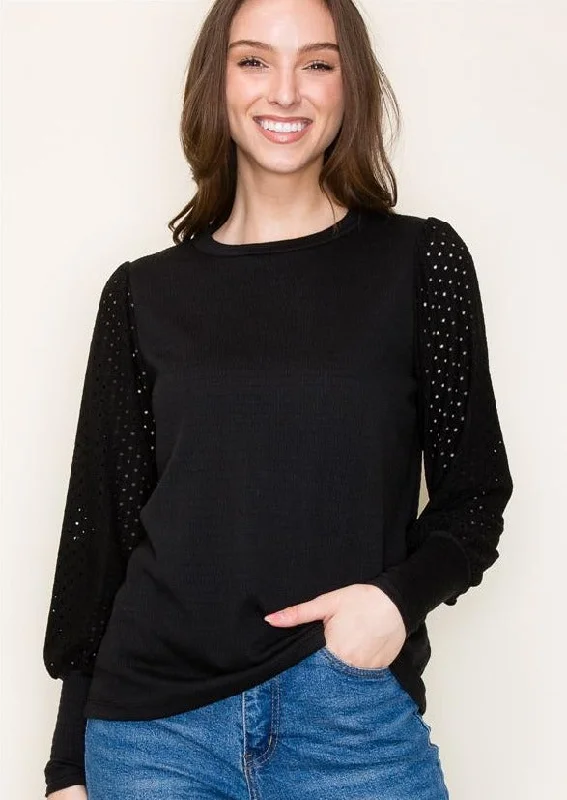 Essentials On Sale Black Eyelet Sleeve Top