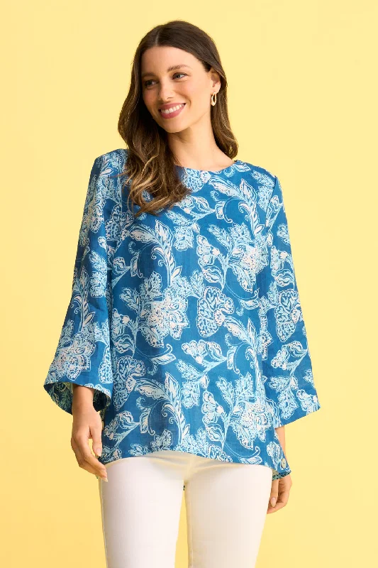 Stylish Looks French Linen Button Detail Top - Blue Print