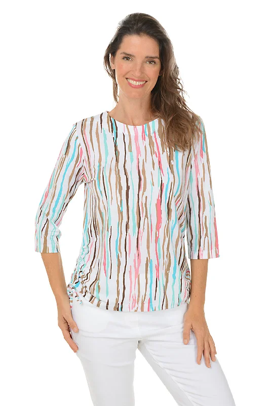 Chic Trend Collection Multicolor Wavy Stripe Side Shirred Top