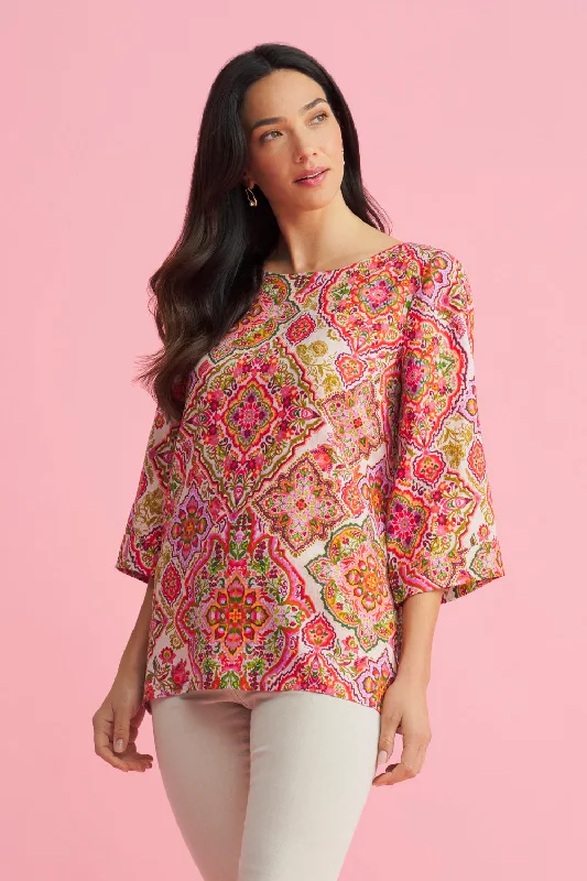 Bold Fashion Sales French Linen Button Detail Top - Pink Tile Print