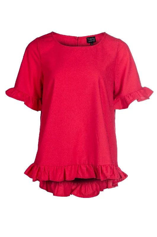 Trendy Looks On Sale Cotton Linen Blend Top with ruffles | Coral Red | 6775A1