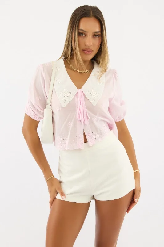 Classic Elegance Sales Pink Puff Sleeve Shirt Peter Pan Collar Embroidered