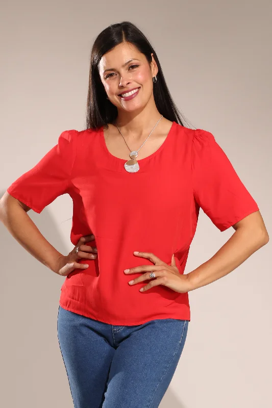 Edgy Fashion Deals Plain puff sleeve Top | RED | 3310A1