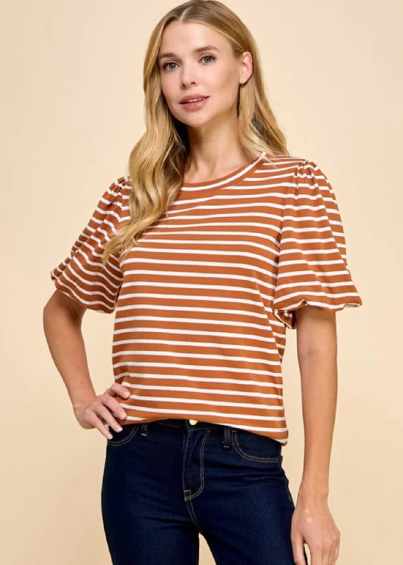 Bold Style Discounts Rust Striped Puff Sleeve Top - FINAL SALE