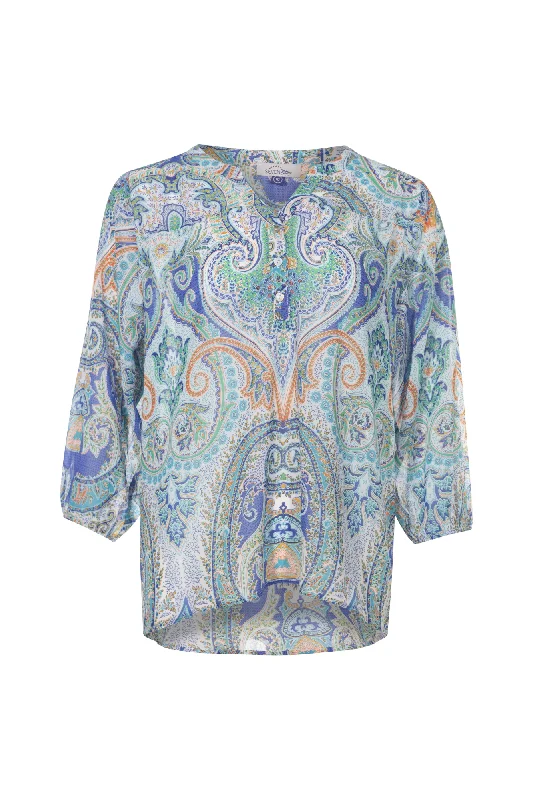 Season Offer 3/4 sleeve Printed Chiffon Top | Blues Aqua Patchwork | 7124AR